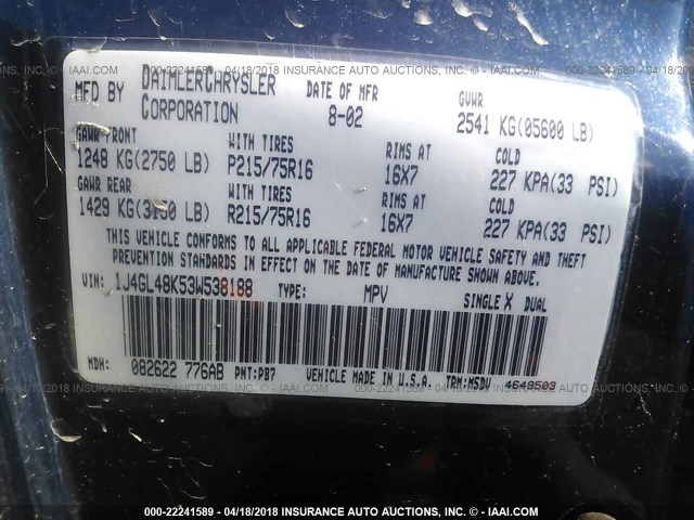 1J4GL48K53W538188 - 2003 JEEP LIBERTY SPORT/FREEDOM ლურჯი ფოტო 9