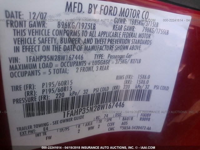 1FAHP35N28W167446 - 2008 FORD FOCUS SE/SEL/SES RED photo 9