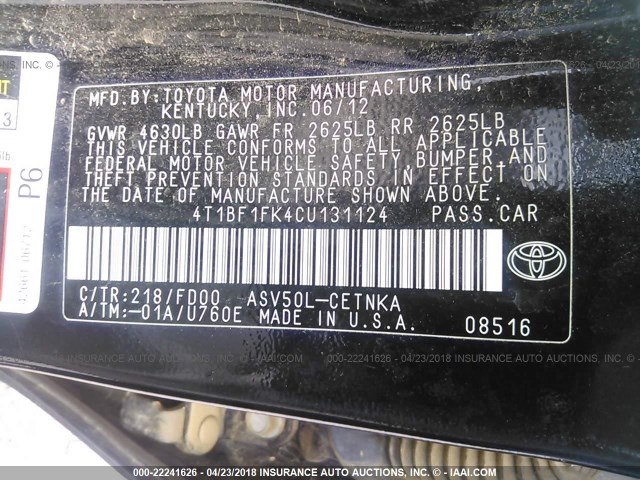 4T1BF1FK4CU131124 - 2012 TOYOTA CAMRY SE/LE/XLE BLACK photo 9