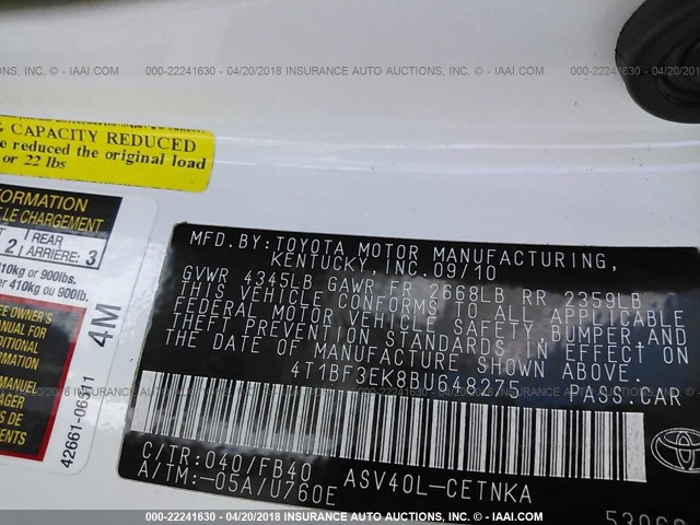 4T1BF3EK8BU648275 - 2011 TOYOTA CAMRY SE/LE/XLE 白色 照片 9