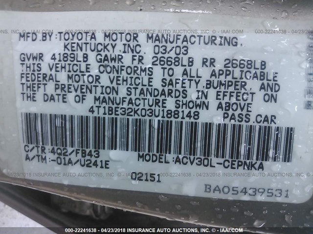 4T1BE32K03U188148 - 2003 TOYOTA CAMRY LE/XLE/SE 金色 照片 9