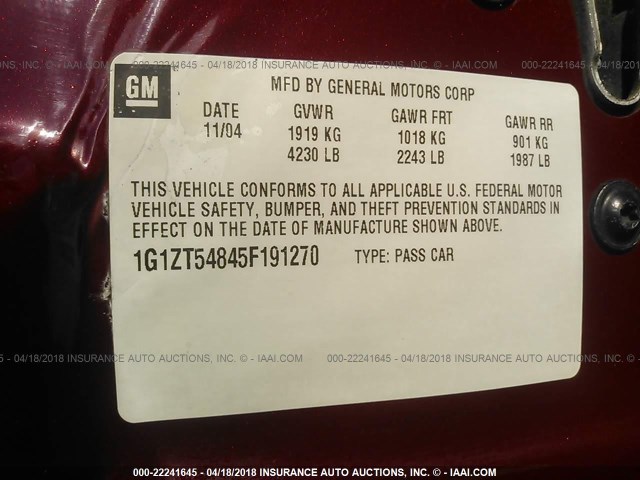 1G1ZT54845F191270 - 2005 CHEVROLET MALIBU LS 红色 照片 9