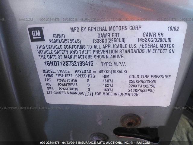 1GNDT13S732188415 - 2003 CHEVROLET TRAILBLAZER  SILVER photo 9