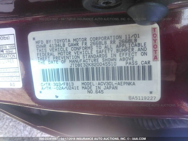 JTDBE32K820045510 - 2002 TOYOTA CAMRY LE/XLE/SE BURGUNDY photo 9