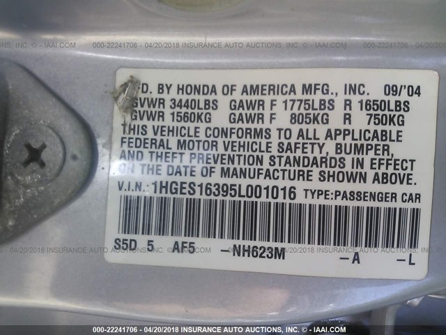 1HGES16395L001016 - 2005 HONDA CIVIC DX VP SILVER photo 9