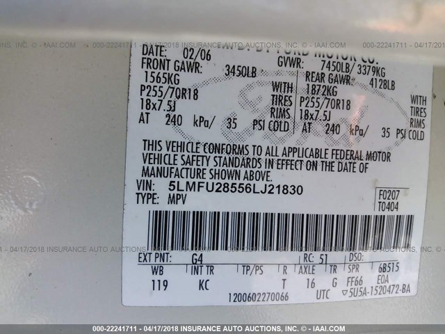 5LMFU28556LJ21830 - 2006 LINCOLN NAVIGATOR CREAM photo 9