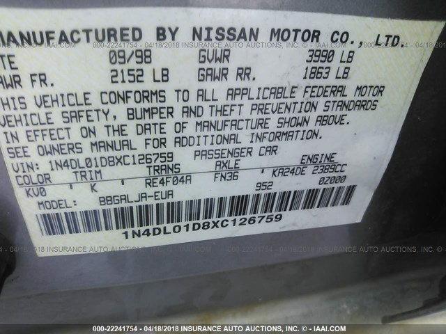 1N4DL01D8XC126759 - 1999 NISSAN ALTIMA XE/GXE/SE/GLE TAN photo 9