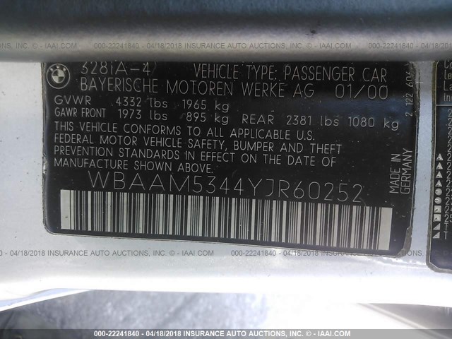 WBAAM5344YJR60252 - 2000 BMW 328 I SILVER photo 9