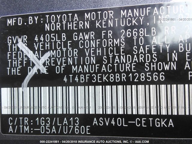 4T4BF3EK8BR128566 - 2011 TOYOTA CAMRY SE/LE/XLE 灰色 照片 9