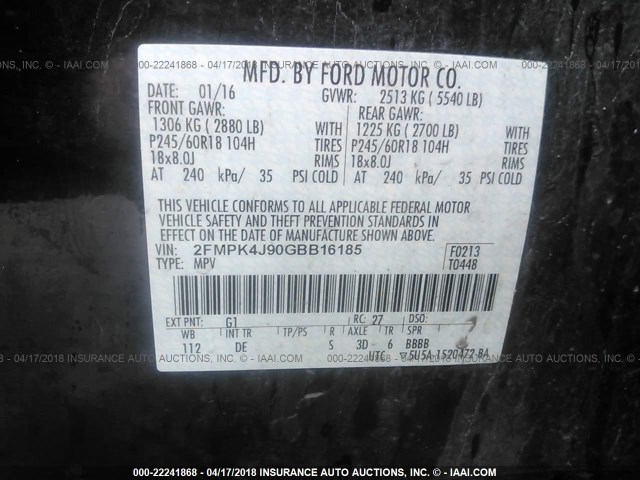 2FMPK4J90GBB16185 - 2016 FORD EDGE SEL BLACK photo 9