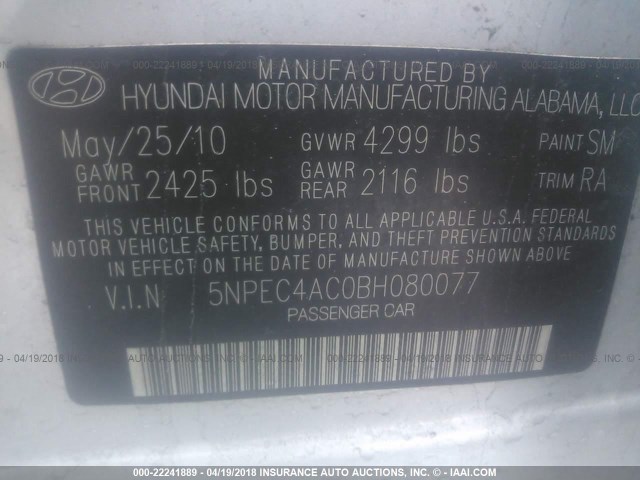 5NPEC4AC0BH080077 - 2011 HYUNDAI SONATA SE/LIMITED SILVER photo 9