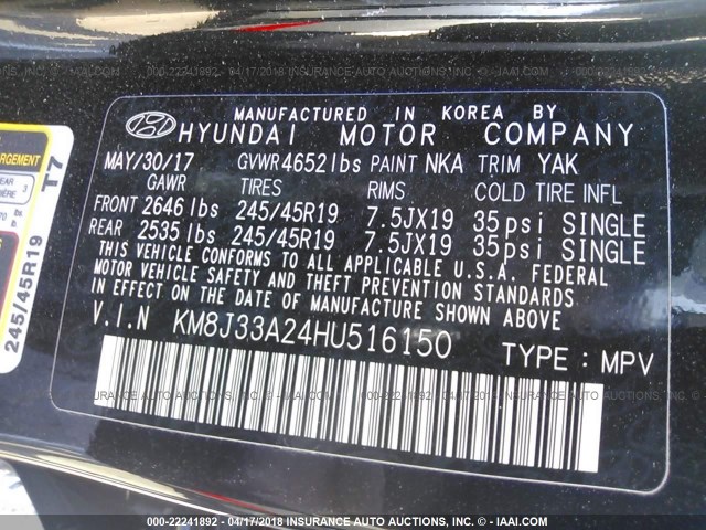 KM8J33A24HU516150 - 2017 HYUNDAI TUCSON LIMITED/SPORT AND ECO/SE BLACK photo 9