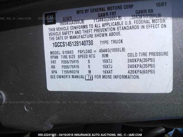 1GCCS145128140730 - 2002 CHEVROLET S TRUCK S10 SILVER photo 9