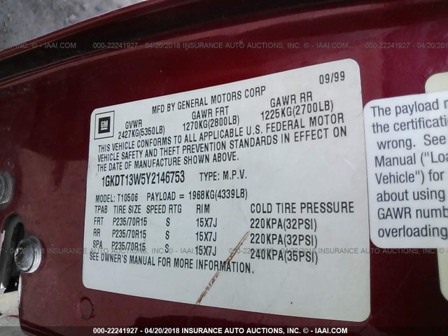 1GKDT13W5Y2146753 - 2000 GMC JIMMY / ENVOY  RED photo 9