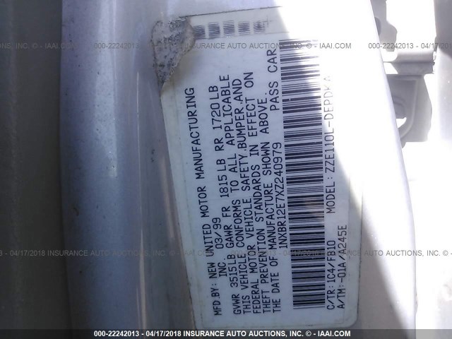 1NXBR12E7XZ240979 - 1999 TOYOTA COROLLA VE/CE/LE 银色 照片 9