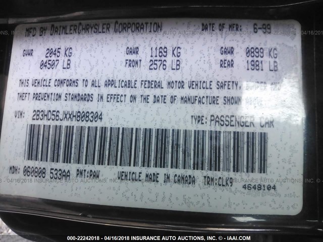 2B3HD56JXXH808304 - 1999 DODGE INTREPID ES BLACK photo 9