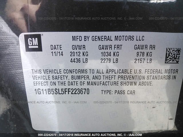 1G11B5SL5FF223670 - 2015 CHEVROLET MALIBU LS 灰色 照片 9