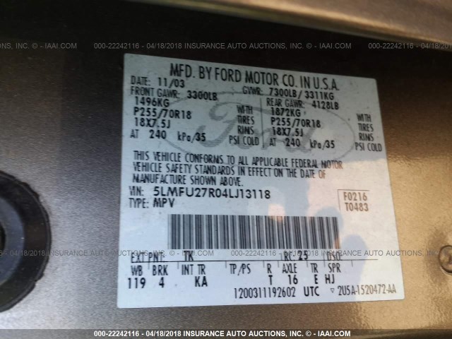 5LMFU27R04LJ13118 - 2004 LINCOLN NAVIGATOR BROWN photo 9