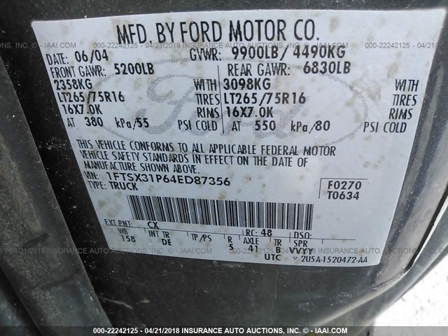 1FTSX31P64ED87356 - 2004 FORD F350 SRW SUPER DUTY GRAY photo 9