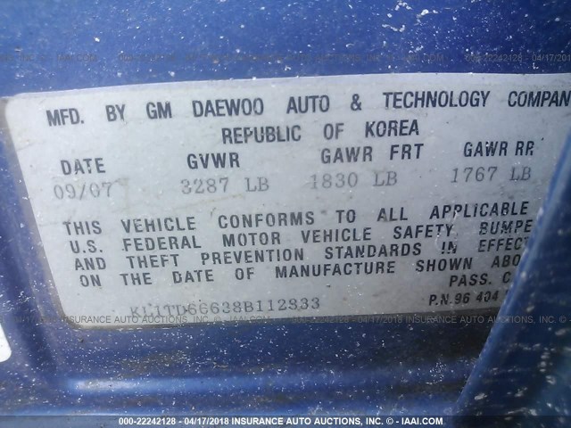 KL1TD66638B112833 - 2008 CHEVROLET AVEO LS BLUE photo 9