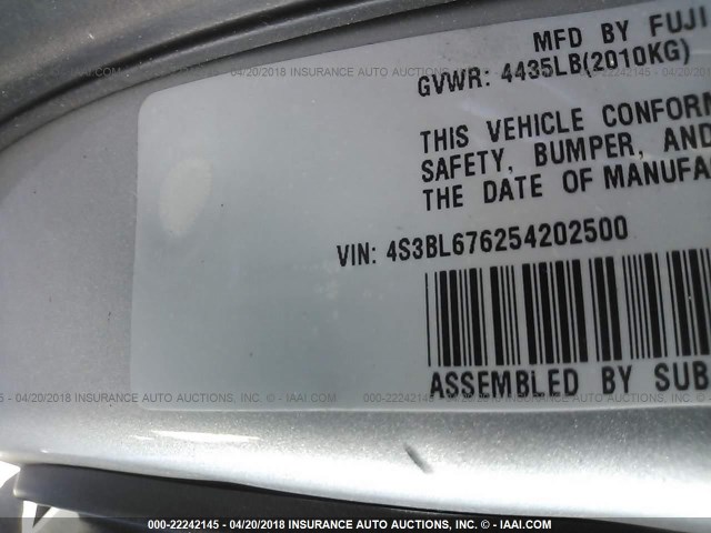 4S3BL676254202500 - 2005 SUBARU LEGACY GT LIMITED SILVER photo 9