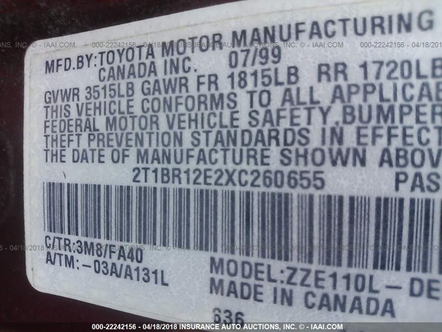 2T1BR12E2XC260655 - 1999 TOYOTA COROLLA VE/CE/LE 红色 照片 9