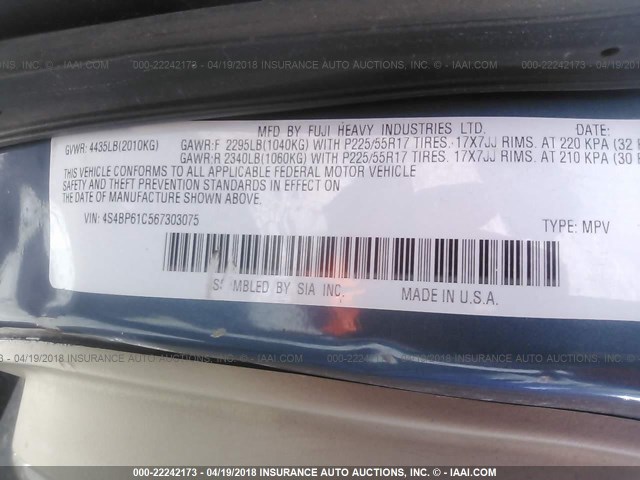 4S4BP61C567303075 - 2006 SUBARU LEGACY OUTBACK 2.5I BLUE photo 9