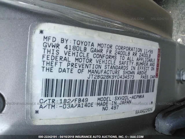 JT2BG28K9Y0434573 - 2000 TOYOTA CAMRY LE/XLE TAN photo 9