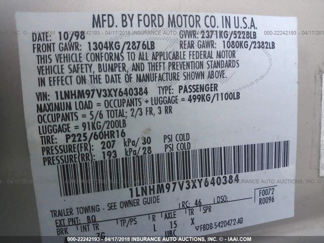 1LNHM97V3XY640384 - 1999 LINCOLN CONTINENTAL  米色 照片 9