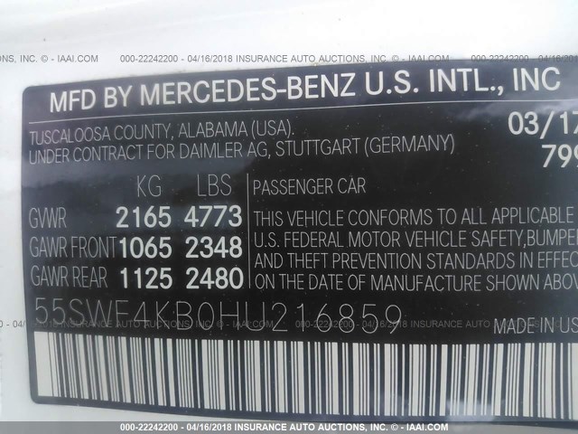 55SWF4KB0HU216859 - 2017 MERCEDES-BENZ C 300 4MATIC WHITE photo 9