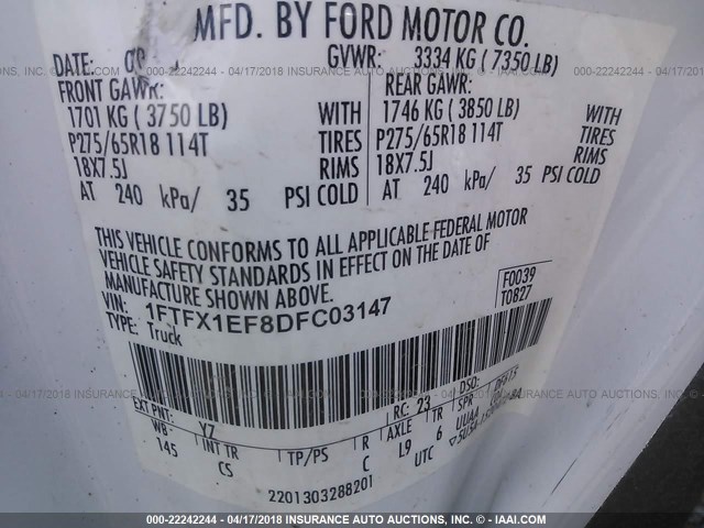 1FTFX1EF8DFC03147 - 2013 FORD F150 SUPER CAB WHITE photo 9