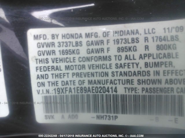 19XFA1E89AE020414 - 2010 HONDA CIVIC EX BLACK photo 9