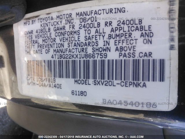 4T1BG22KX1U866759 - 2001 TOYOTA CAMRY CE/LE/XLE 灰色 照片 9