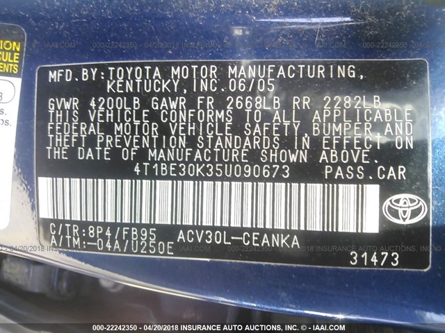 4T1BE30K35U090673 - 2005 TOYOTA CAMRY LE/XLE/SE ლურჯი ფოტო 9