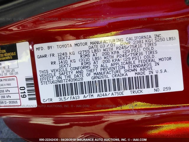 5TETU62N87Z409628 - 2007 TOYOTA TACOMA PRERUNNER ACCESS CAB RED photo 9