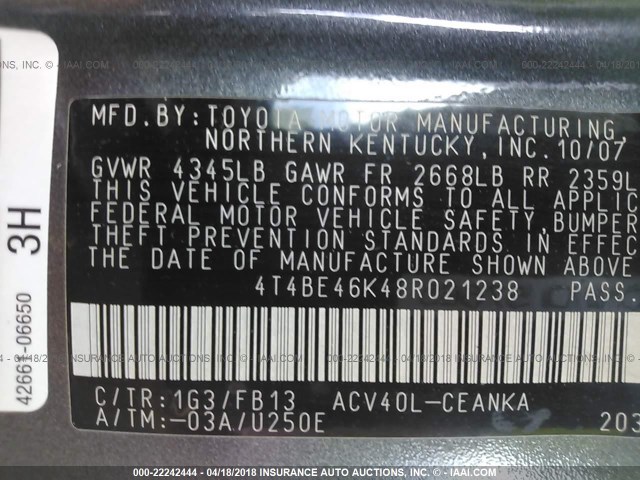 4T4BE46K48R021238 - 2008 TOYOTA CAMRY CE/LE/XLE/SE GRAY photo 9