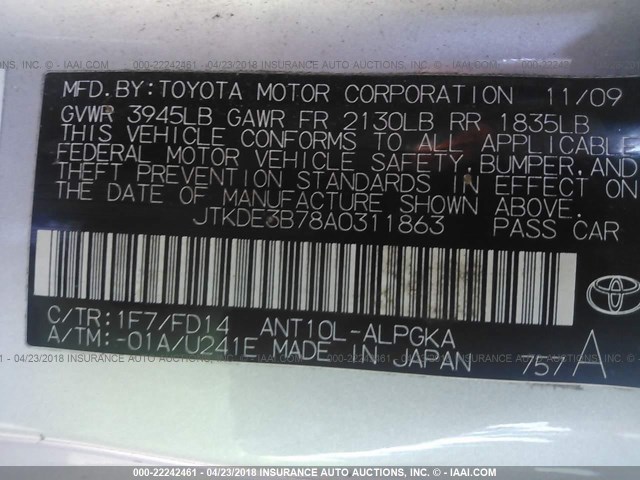 JTKDE3B78A0311863 - 2010 TOYOTA SCION TC 银色 照片 9