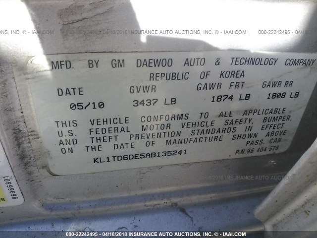 KL1TD6DE5AB135241 - 2010 CHEVROLET AVEO LS/LT 银色 照片 9