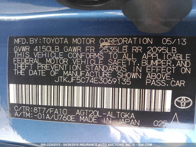 JTKJF5C74E3069135 - 2014 TOYOTA SCION TC BLUE photo 9