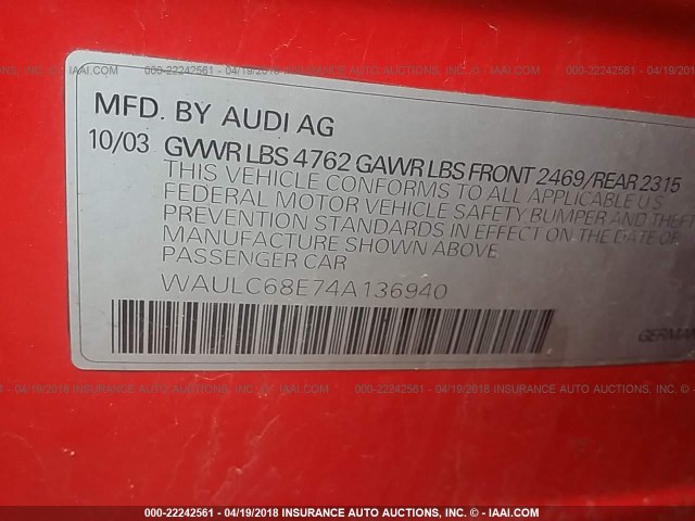 WAULC68E74A136940 - 2004 AUDI A4 1.8T QUATTRO RED photo 9