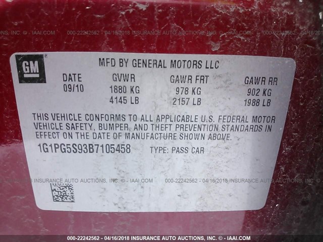 1G1PG5S93B7105458 - 2011 CHEVROLET CRUZE LT RED photo 9