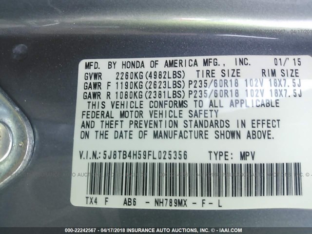 5J8TB4H59FL025356 - 2015 ACURA RDX TECHNOLOGY GRAY photo 9