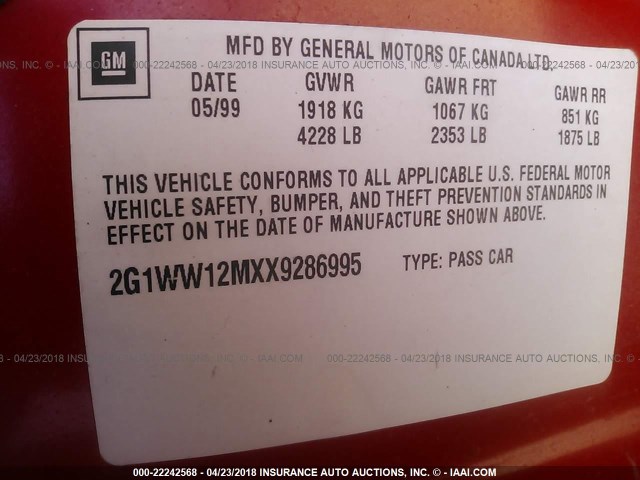 2G1WW12MXX9286995 - 1999 CHEVROLET MONTE CARLO LS RED photo 9