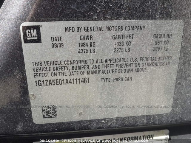 1G1ZA5E01A4111461 - 2010 CHEVROLET MALIBU LS 灰色 照片 9