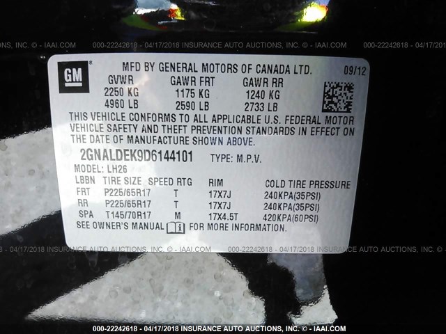 2GNALDEK9D6144101 - 2013 CHEVROLET EQUINOX LT BLACK photo 9