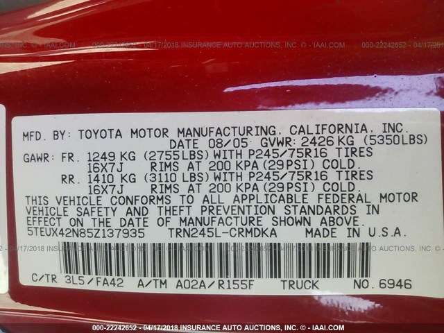 5TEUX42N85Z137935 - 2005 TOYOTA TACOMA ACCESS CAB RED photo 9