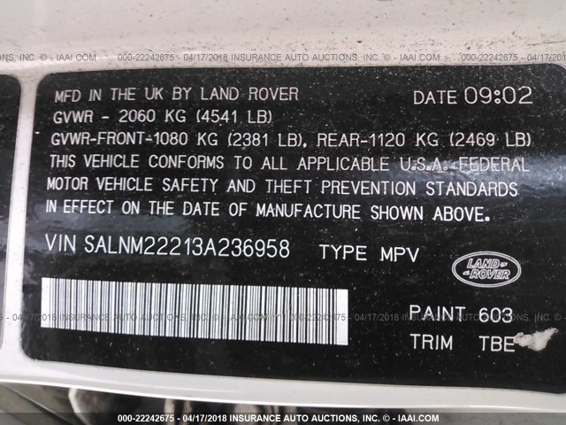 SALNM22213A236958 - 2003 LAND ROVER FREELANDER S WHITE photo 9