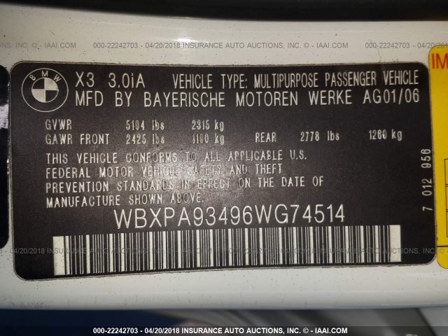 WBXPA93496WG74514 - 2006 BMW X3 3.0I WHITE photo 9