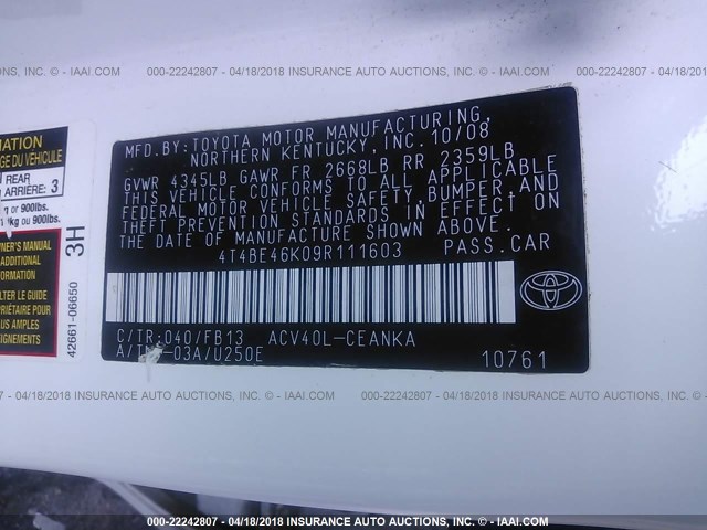 4T4BE46K09R111603 - 2009 TOYOTA CAMRY SE/LE/XLE WHITE photo 9