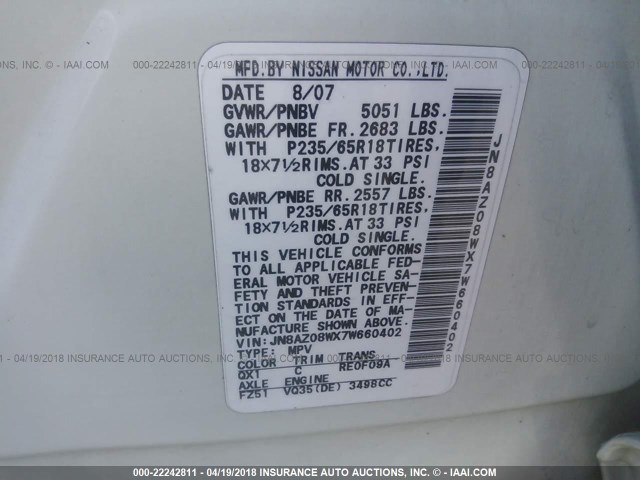 JN8AZ08WX7W660402 - 2007 NISSAN MURANO SL/SE/S WHITE photo 9